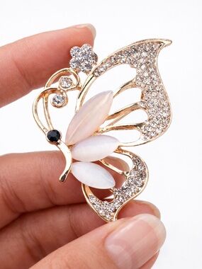 Gold Butterfly Brooch Pin Opal Rhinestone Jewelry New